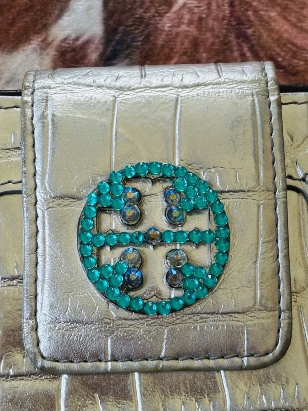 Tory Burch Metallic Silver Croc-Embossed Leather Bifold Wallet Teal Crystal Gems